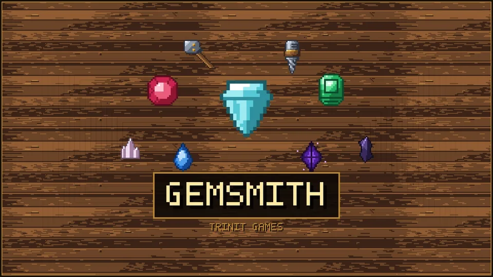 Pixel-art gems and tools on a wooden workbench in Gemsmith