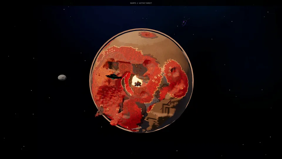 A heavily damaged voxel planet floating in space in Planet Shredder