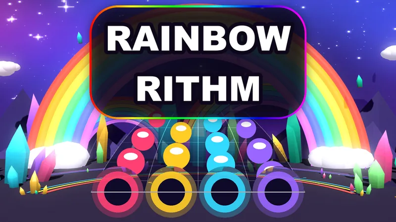 Four colorful note lanes beneath a rainbow in Rainbow Rithm